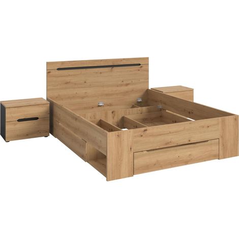 Canu Schlafzimmer-Set Bett 140x200 cm 3 Schubladen, 2 Nachttische grau, Eiche Dekor.