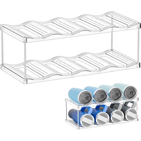 Étagère à bouteilles en plastique transparent à 2 niveaux pour 8 bouteilles, porte-bouteilles de réfrigérateur, rangement à languettes pour cuisine, réfrigérateur, armoires (transparent) (1/5)