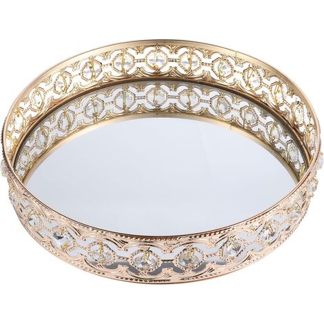 Plateau à Bijoux en Verre Doré Ajouré 23 Cm Miroir, Assiette Multifonctionnelle pour Cosmétiques et Rangement Décoratif Style Européen, Présentoir Élégant pour Vanité et Chambre (1/5)