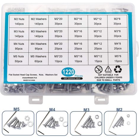 MINKUROW 1220 piezas M2 M3 M4 M5 en perilla de cabeza hexagonal de acero inoxidable 304, tornillos de cabeza hueca, tornillos, tuercas, arandelas surtidas, con llaves hexagonales (cabeza plana) (1/5)