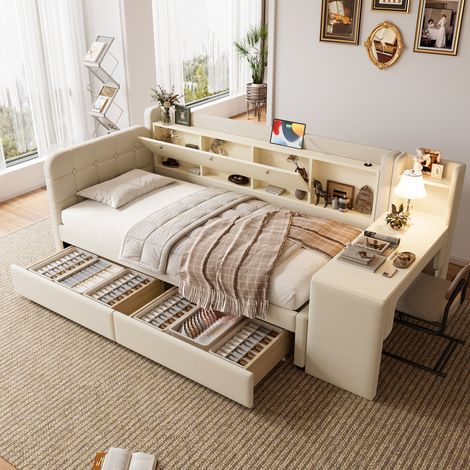 Lit gigogne 90x200 cm avec 2 tiroirs et bureau, ports USB et Type-C, en lin, beige, sans matelas (1/5)