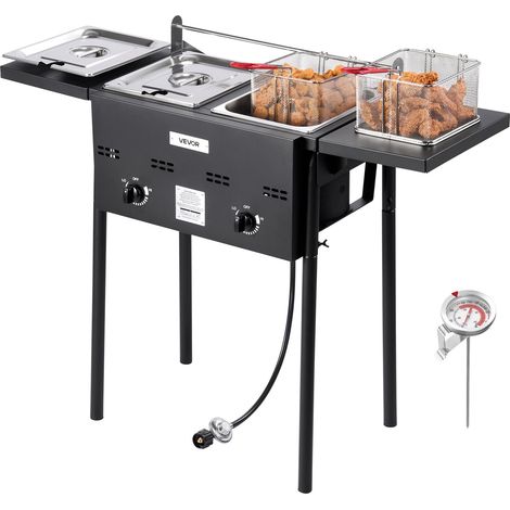 Friteuse au Gaz Propane à Double Cuve 9Lx2, Appareil de Cuisson au Propane en Acier Inoxydable, Autoportant avec Plateforme Pliable et Réglage de la Chaleur, pour Extérieur Restaurant Snack-bar (1/5)
