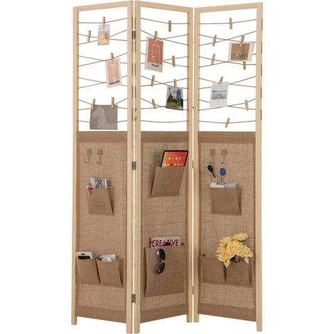 COSTWAY Paravento a 3 Pannelli, Separé Divisorio Pieghevole con 8 Tasche, 4 Ganci, Corde di Iuta per Appendere e 20 Clip in Bambù, Separatore di Spazio in Legno Boho per Casa e Negozi (1/5)
