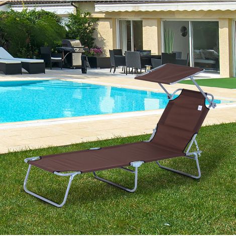 Tumbona plegable 187x58x36 cm marrón de metal con parasol ajustable (1/5)