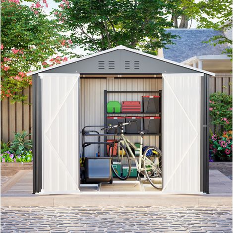 Caseta de jardín metálica de 229,4 x 180 cm con puerta abatible grande, ventilación y estructura reforzada - gris (1/5)