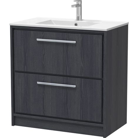 Longnor 2 Drawer Floor Standing Vanity Unit with 1 Tap Hole Minimalist Basin, Woodgrain Graphite Grey, 800mm (1/4)