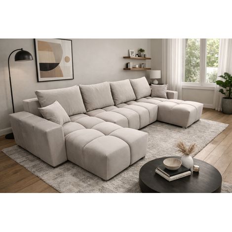 Canapé d’angle panoramique convertible COLINIA effet nuage en tissu - 6 places - 325 cm - Beige (1/3)
