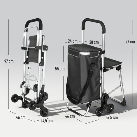 Chariot de courses 40 L en Oxford, design 3 roues, cadre aluminium et siège, pratique pour courses, coloris gris foncé (1/5)