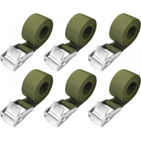 Sangles d'arrimage de 1.5 m - Lot de 6 sangles à cliquet courtes, vert armée, avec boucle serrée 25 mm, sangles de vélo de 250 kg, sangles de moto extrêmement solides (1/4)