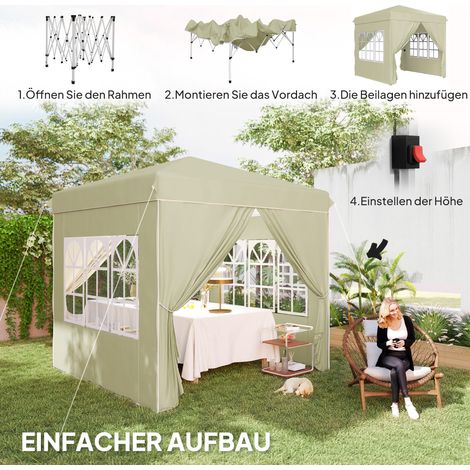 Pavillon pliable 2,5x2,5 m avec rideaux latéraux et housse de transport, abri de jardin à hauteur ajustable, protection solaire UPF50+, blanc crème (1/4)