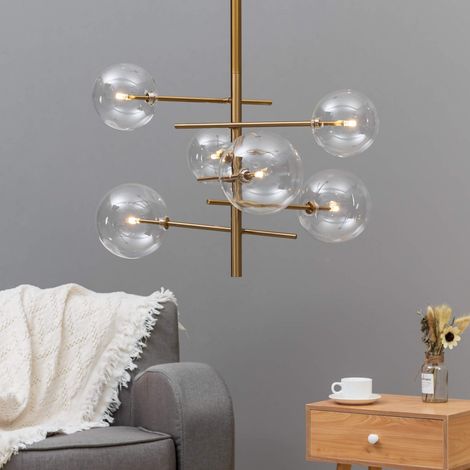Kosilum – Suspension à sphères multiples en laiton 97cm – Hauteur 96cm – 6 ampoules fournies – Luminaire moderne pour salon ou entrée