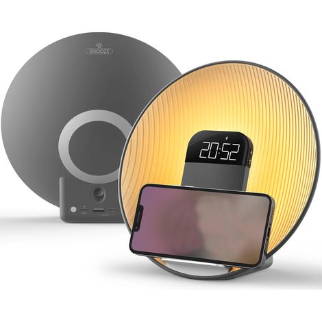 Réveil intelligent (gris) effet lever de soleil - Chargeur sans fil rapide 15 W avec haut-parleur intégré, lumière réglable, idéal pour les gros dormeurs. (1/5)