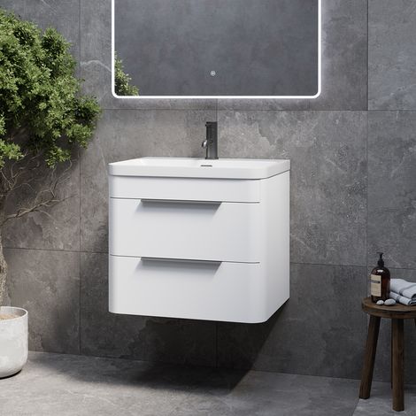 Oslo Gloss White 600mm Wall Mounted 2 Drawer Vanity Unit with Fina Basin - 600mm - Gunmetal Grey 300mm Finger Pull