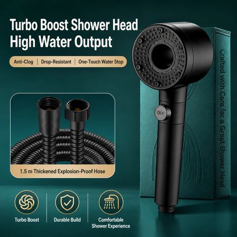 (Ensemble de douche noir 1) Pommeau de douche haute pression Turbo Fan avec filtre, douchette à main économique en eau, jet à arrêt automatique pour salle de bain (1/5)