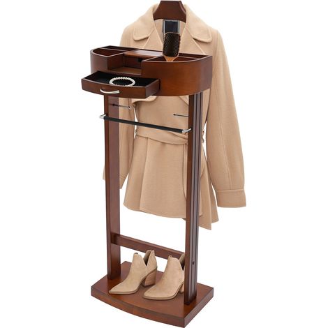 Porte-manteaux pour homme, porte-costumes en bois 43 x 33,5 x 107 cm, présentoir sur pied, porte-manteaux pour femme avec tiroir, équipé d'un plateau, de crochets et d'un range-chaussures (1/5)