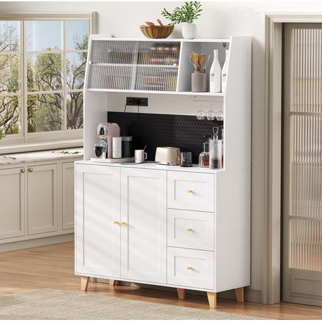 REDOM - Armario alto 120x40x184 cm, estantes regulables, 3 cajones, portavasos, MDF, blanco (1/5)