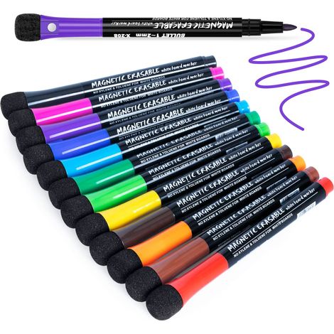 Marqueur Tableau Blanc - 12 Couleurs - Embout Caoutchouc - Sans Odeur - Séchage Rapide - Aimant Intégré - Pour Bureau École Maison - Lot de 12 (1/5)