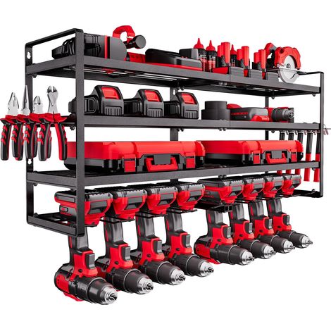 VEVOR Wand-Werkzeugorganizer, 4-stufiges Regal, 4 Bohrmaschinenhalter, 8 Steckplätze, schwarz, Schwarz-a (1/2)