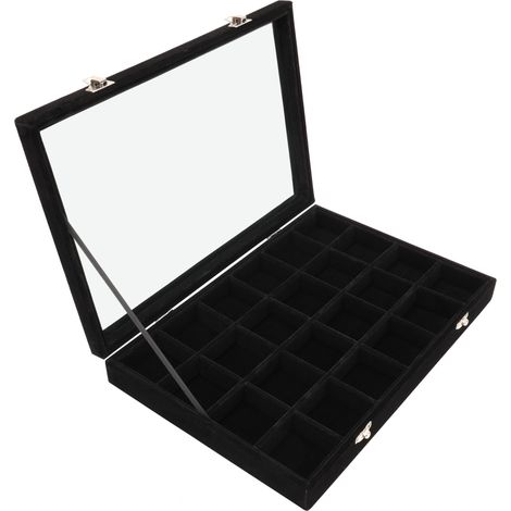 Boite a Bijoux en Velours Noir avec 24 Sections et Couvercle en Verre - Boîte à Bijoux Empilable et Modulable pour Bagues, Colliers, Bracelets, Boucles d’Oreilles et Montres (1/5)