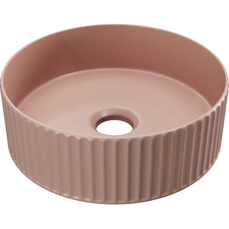 Vente-Unique – Vasque à poser en céramique striée ronde – Couleur rose mat – Dimensions 36x12 cm – Épaisseur 8 mm – Design moderne pour salle de bain (1/5)