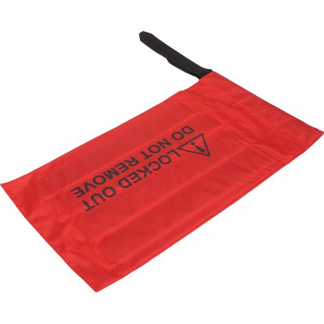 Sac de rangement pour cadenas de sécurité avec étiquettes d'avertissement rouges, idéal pour le contrôle d'accès véhicule. (1/5)