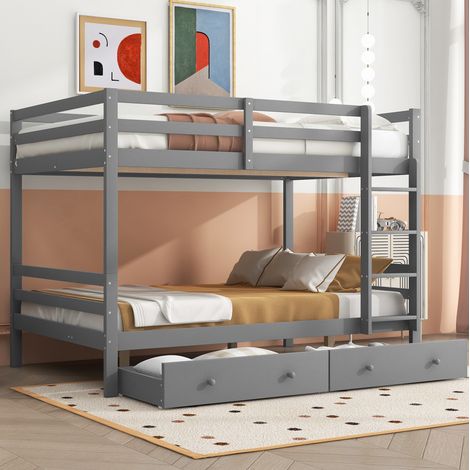 DESVIAE Lit superposé 140 200 cm en pin gris avec tiroirs de rangement escalier et garde corps pour chambre enfant (1/5)