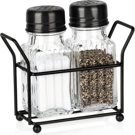 Salt and Pepper Shaker Set with Stand - Glass, Black (1/5)