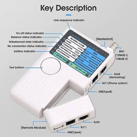 4-in-1 Multifunktions-Netzwerkkabeltester, RJ11/RJ45/USB/BNC-Netzwerkkabeltester zur UTP/STP/LAN-Kabelortung, 148,62 × 2,5 cm