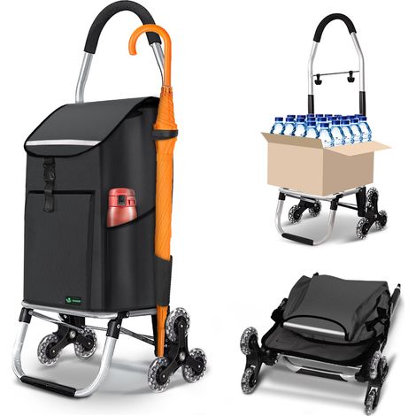 Vounot – Chariot de courses pliable aluminium 40kg – 6 roues silencieuses – Sac isotherme intégré – Poche arrière et crochets – Noir