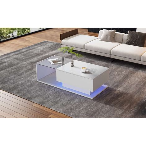 Table basse LED blanche brillante 100x50x32 cm avec plateau en verre et tiroir, meuble de salon moderne avec rangement (1/5)
