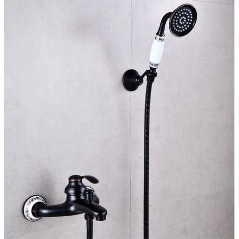 Robinet de Baignoire Rétro avec Douchette à Main, Mitigeur de Douche Robinetterie de Bain Monocommande Mural en Laiton pour salle de bain Nostalgie, Noir (1/4)