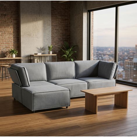 Sofá modular convertible en cama, configurable en L o U, tejido fácil de limpiar, espuma y contrachapado, gris claro (1/5)
