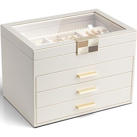 Boite a bijoux Grande 4 niveaux, avec couvercle en verre, Cuir PU (1/5)