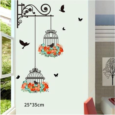 Sticker mural coloré en forme de cage à oiseaux avec fleurs, motif oiseau volant, autocollant plante, papier peint pour salon, chambre, décoration de fenêtre pour école maternelle (1 pièce)