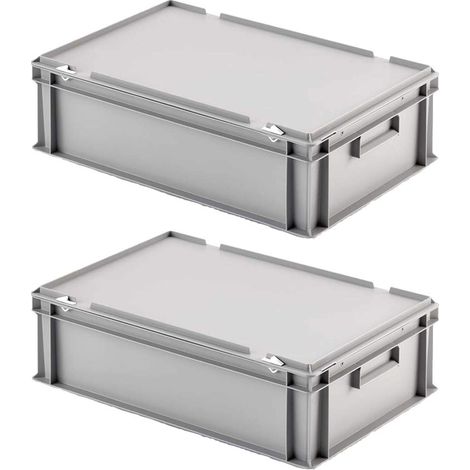 BRB Lot de 2 boîtes Euro avec couvercle à charnière pour Rangement - Dimensions : 600 x 400 x 185 mm - En polypropylène - Qualité alimentaire - Gris