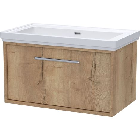Sturbridge Contemporary 1 Drawer Wall Hung Vanity Unit with Traditional 0 Tap Hole Fireclay Basin , 800mm, Autumn Oak