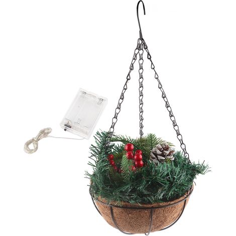 Artificial Christmas Hanging Basket Flocked with Mixed Decorations and White LED Lights Outdoor Decoration