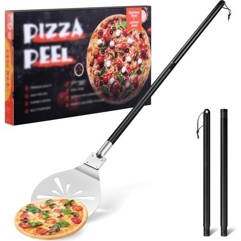 Pelle à pizza - 20,3 x 22,7 x 110 cm - En acier inoxydable perforé - Ronde - Grande surface et poignée amovible pour glisser facilement sur la pierre à pizza - Facile à nettoyer (1/5)