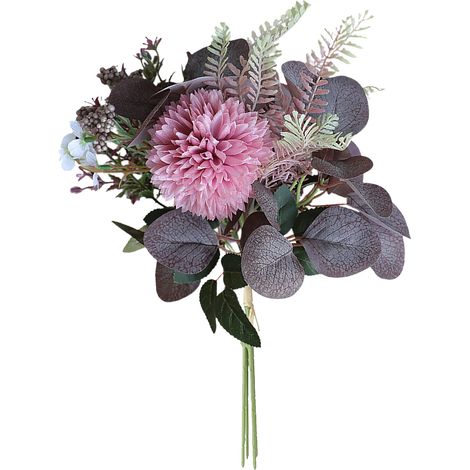 Bouquet de chrysanthèmes artificiels roses et violets avec feuilles d'eucalyptus pour décoration salon salle à manger (1/5)
