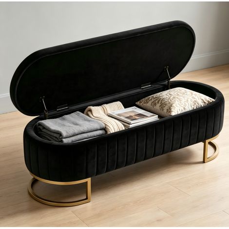Panca contenitore 129,5 x 42 x 46 cm nera in velluto, legno e metallo, MEUBLIV (1/5)