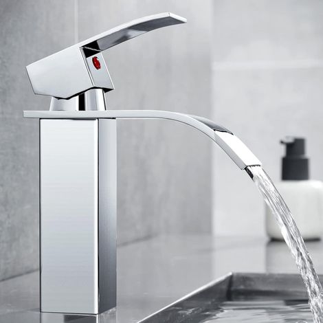 Grifo de lavabo en cascada, grifo de baño de un solo orificio para encimera, grifo de lavabo, cartucho cerámico, cromado (1/3)
