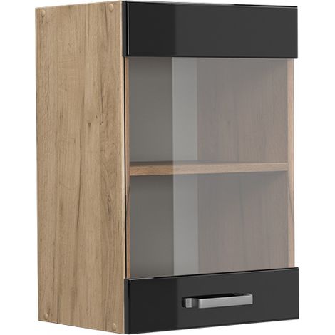 Mobile da cucina in vetro R-Line, Nero lucido, 40 cm, Vicco