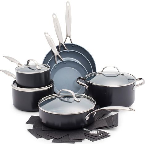 Céramique Anodisée Antiadhésive Batterie de cuisine de 11 Poêles, Sans PFAS, Inclus Poêles à frire, Sauteuses, Casseroles, Induction, Lave-vaisselle, Four, Gris (1/5)