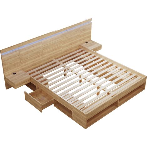 Doppelbett 180x200 cm mit Stauraum, MDF natur, LED, USB-C und 2 Nachttischen (1/5)