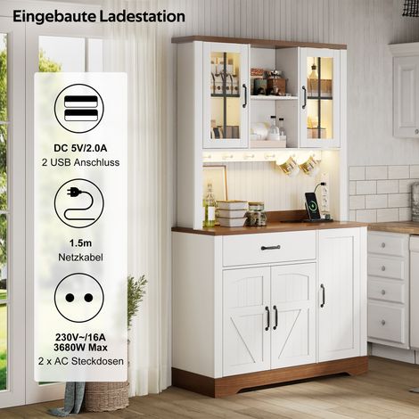 Meuble cuisine style grange 185×105×40 cm,étagères tiroirs crochets inox LED couleur changeante douilles.