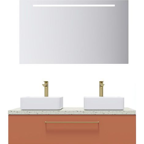 Meuble de salle de bain suspendu 2 vasques à poser 120cm 1 tiroir Terracotta + miroir - Glasgow (1/5)