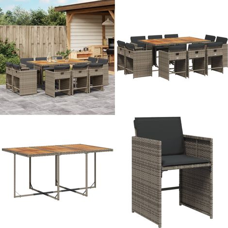 11-tlg. Garten-Essgruppe mit Kissen Grau Poly Rattan - Gartentisch - Esstisch - Gartenmöbel Set - Outdoor Möbel - Terrassenmöbel - Home & Living
