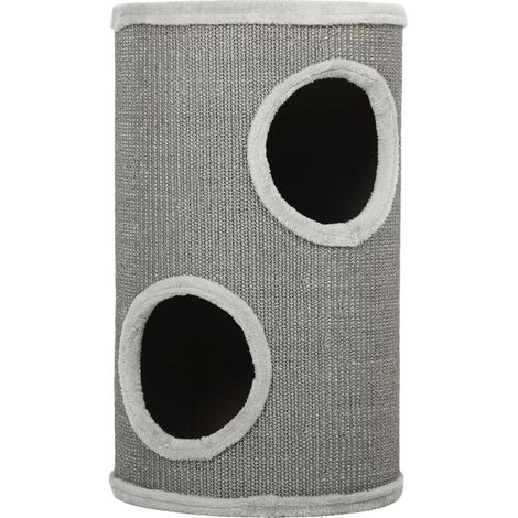 Torre rascadora para gatos 60 cm Ø 35 cm con 2 cuevas, borde de felpa, gris claro (1/4)