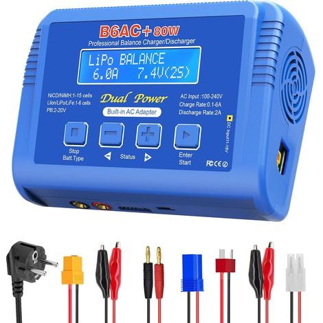 Lipo Chargeur 80 W 6 A – Chargeur d'équilibre pour Li-Ion, Life, NiMH, NiCd, LiHV, Pb Chargeur de batterie RC avec adaptateur intégré Chargeur d'équilibre Lipo pour Airsoft, voitures RC (1/5)