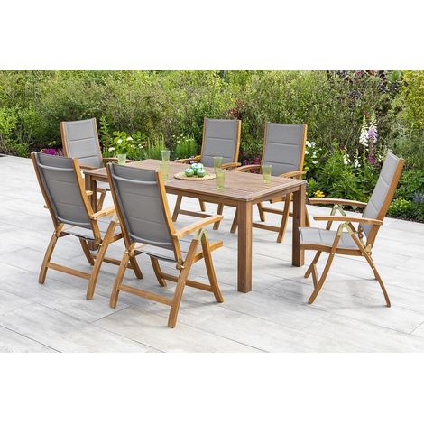 Acapulco Set 7tlg 6 Sessel Tisch 185x90cm Akazie/Textil